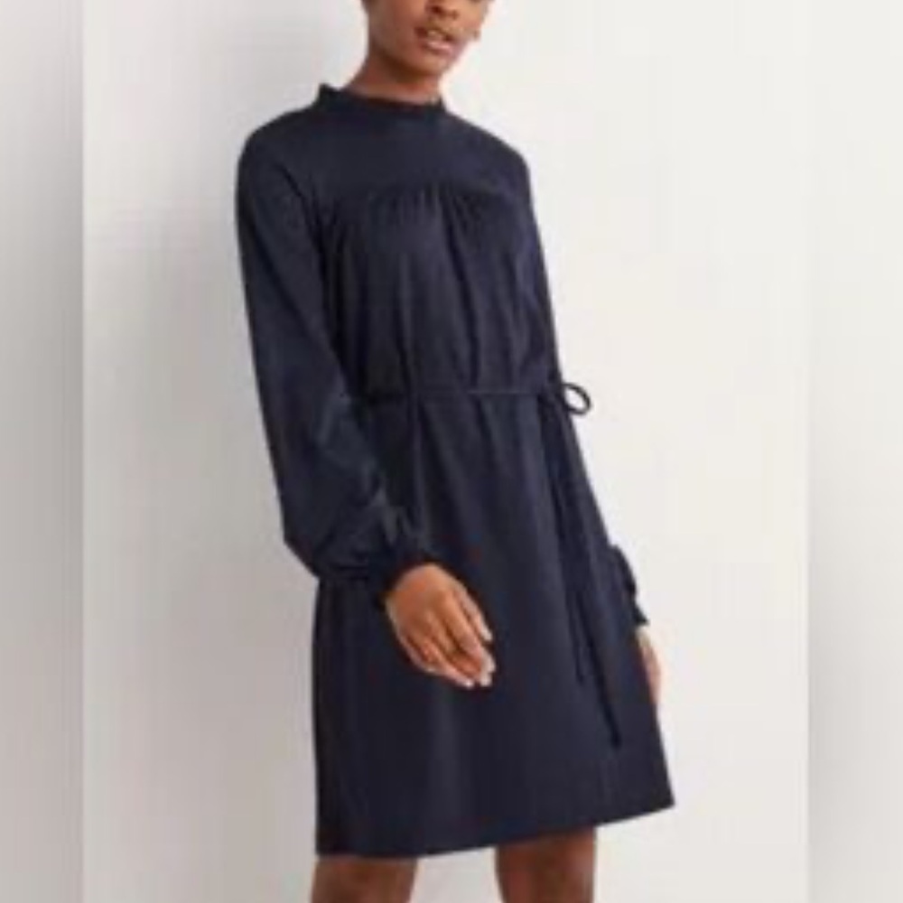 Boden NWT jersey soft Navy Long Sleeve Ruffle Neck Tie-Waist Dress 8